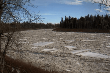 The view from a hydro gauge near the town of Hay River on April 29, 2025. GNWT/Water Survey of Canada
